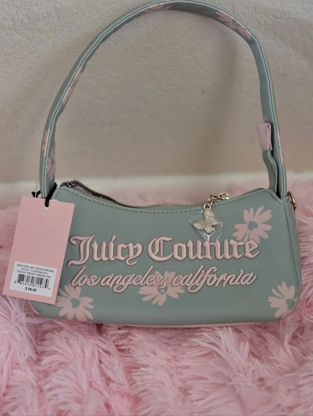 Juicy Couture Mint Green Shoulder Bag with Pink Floral Accents